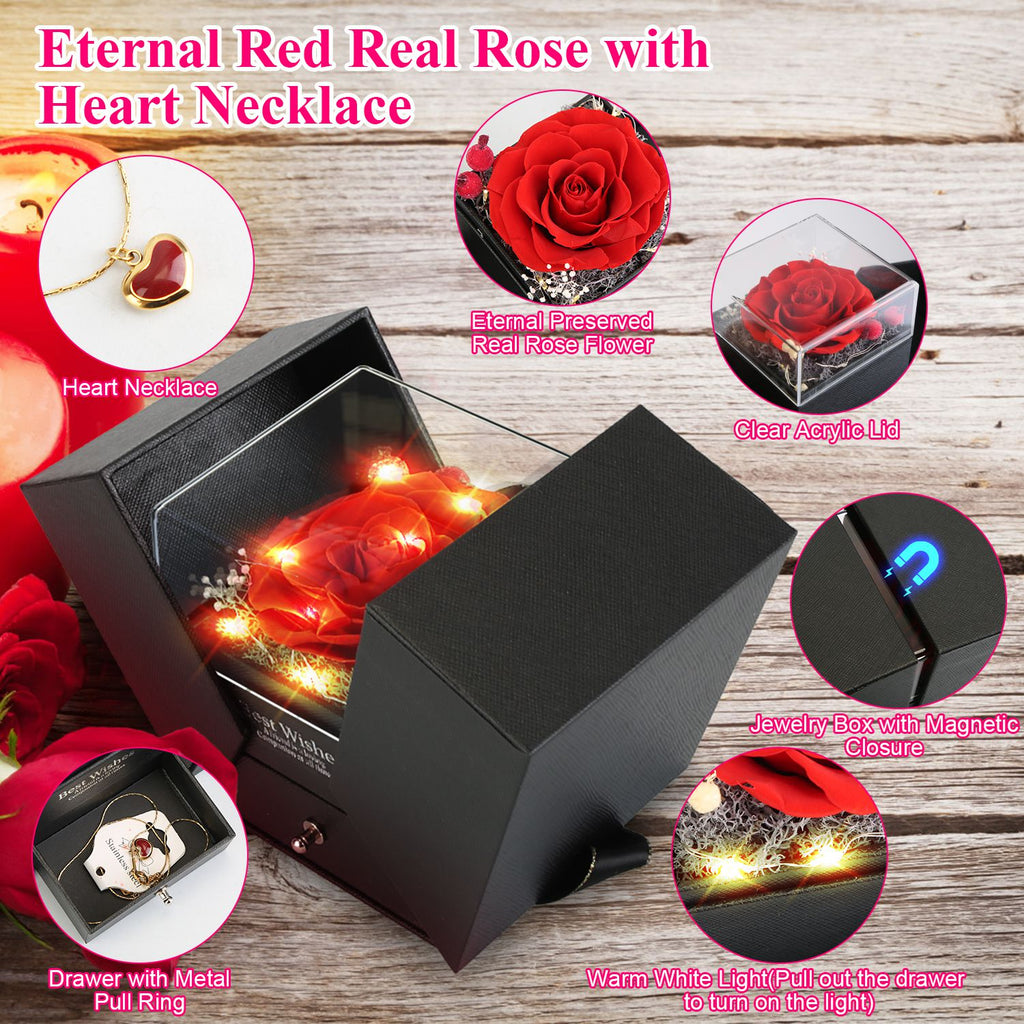 1Pc Preserved Red Real Rose With Heart Necklace Eternal Flowers Rose With Golden Necklace Gifts For Women Mom Wife Girlfriend Grandma On Valentine Mother Day Christmas Anniversary