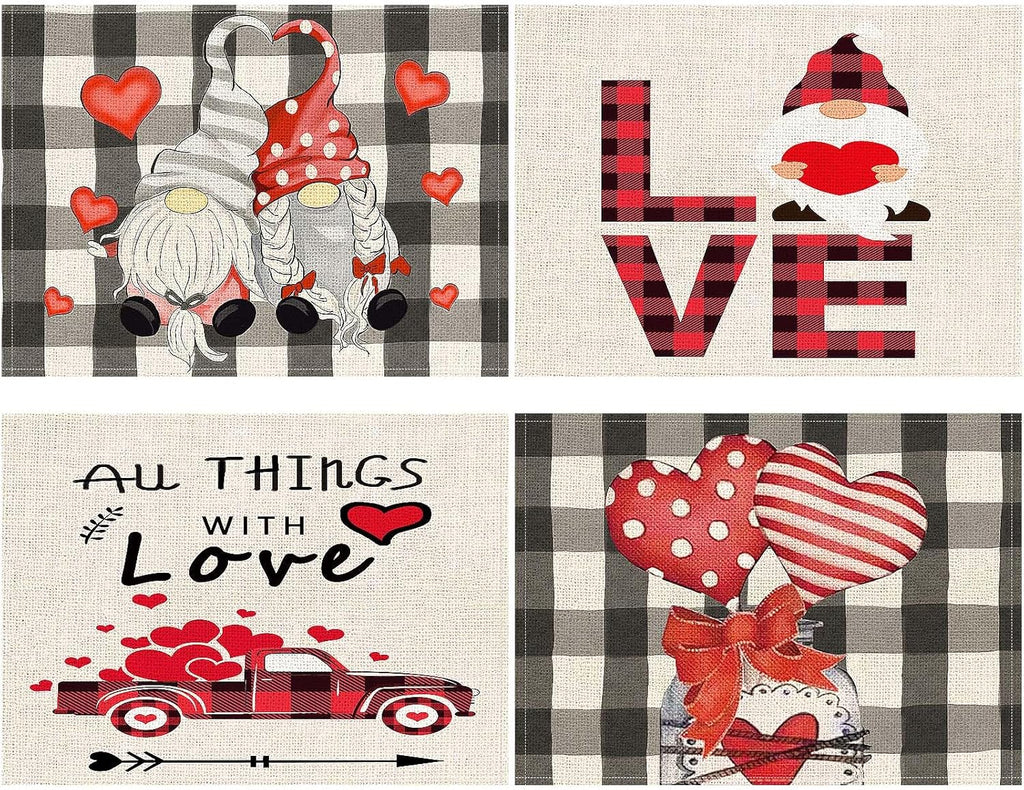 Valentines Day Placemats Set Of 4, 17x12.5 Inches With Gnomes And Hearts Pattern For Holiday Parties And Family Gatherings-clearance Sale