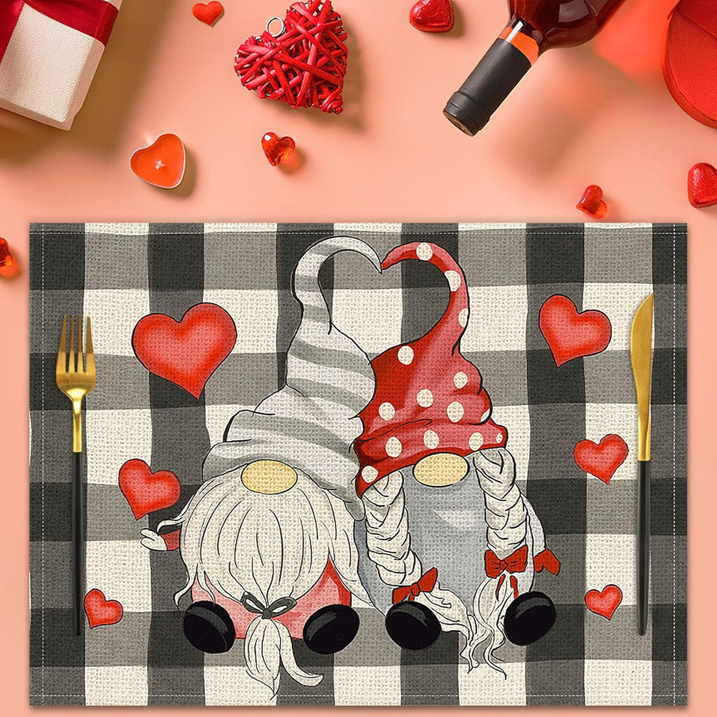 Valentines Day Placemats Set Of 4, 17x12.5 Inches With Gnomes And Hearts Pattern For Holiday Parties And Family Gatherings-clearance Sale