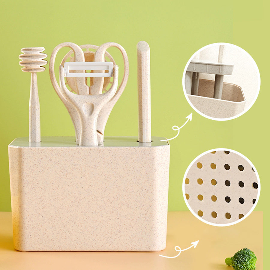 7pcs Kitchen Small Tool Multifunctional Cooking Set, Made Of Wheat Straw Material, With Storage Seat, Melon Planer, Baking Tools-Selling On Amazon Is Prohibited