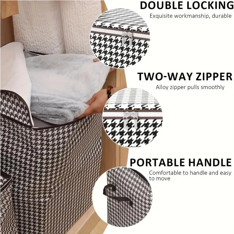 3pcs Set,100L,Stylish Foldable Zippered Storage Bags, Travel Organizer,Large Capacity, Portable, Moisture-Proof Non-Woven Fabric Solution, Houndstooth Print