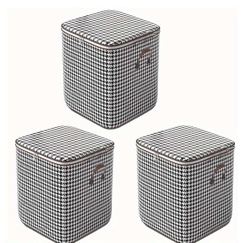 3pcs Set,100L,Stylish Foldable Zippered Storage Bags, Travel Organizer,Large Capacity, Portable, Moisture-Proof Non-Woven Fabric Solution, Houndstooth Print