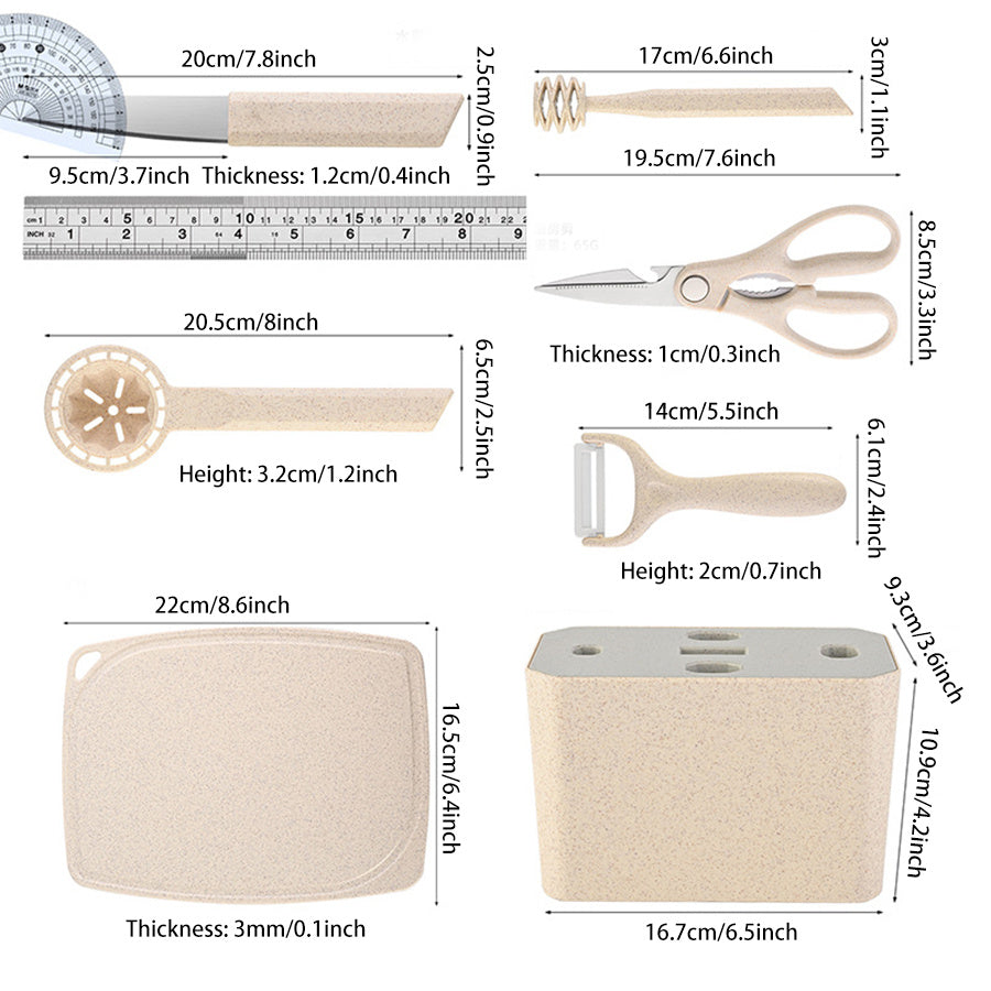 7pcs Kitchen Small Tool Multifunctional Cooking Set, Made Of Wheat Straw Material, With Storage Seat, Melon Planer, Baking Tools-Selling On Amazon Is Prohibited